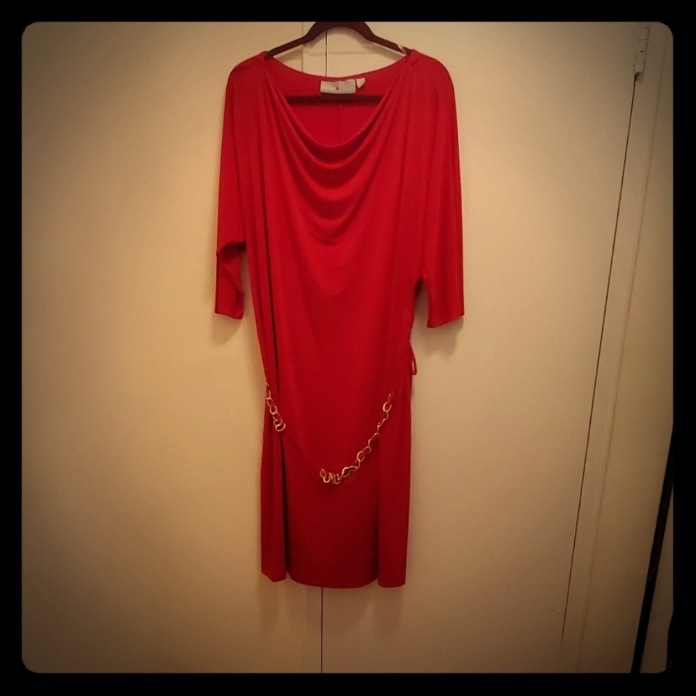 Red 3/4 sleeve dress with gold chain belt